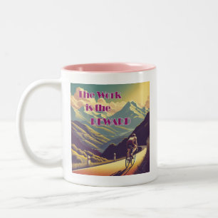 The Work Is The Reward Woman Cyclist Mountains Two-Tone Coffee Mug