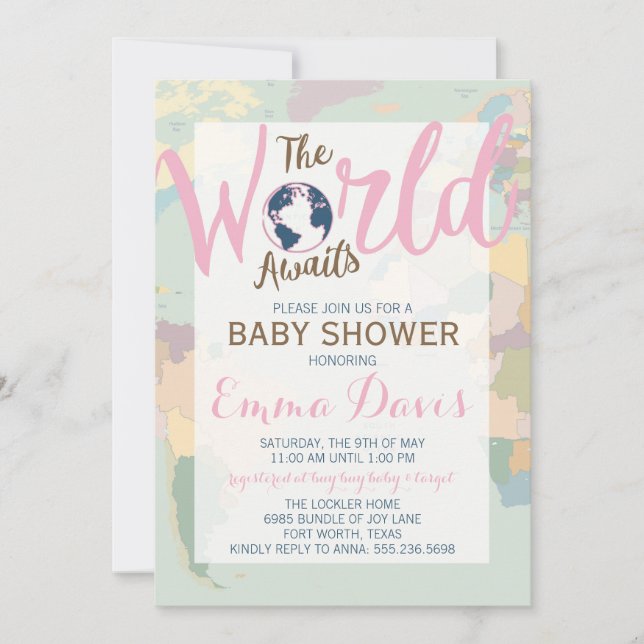 The World Awaits Baby Shower Invitation, Girl Invitation (Front)