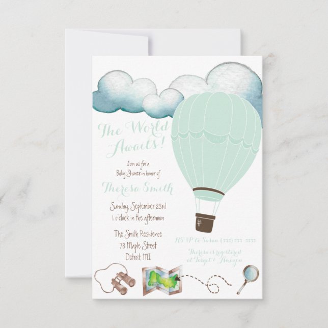 The World Awaits! Mint Hot Air Balloon Baby Shower Invitation (Front)