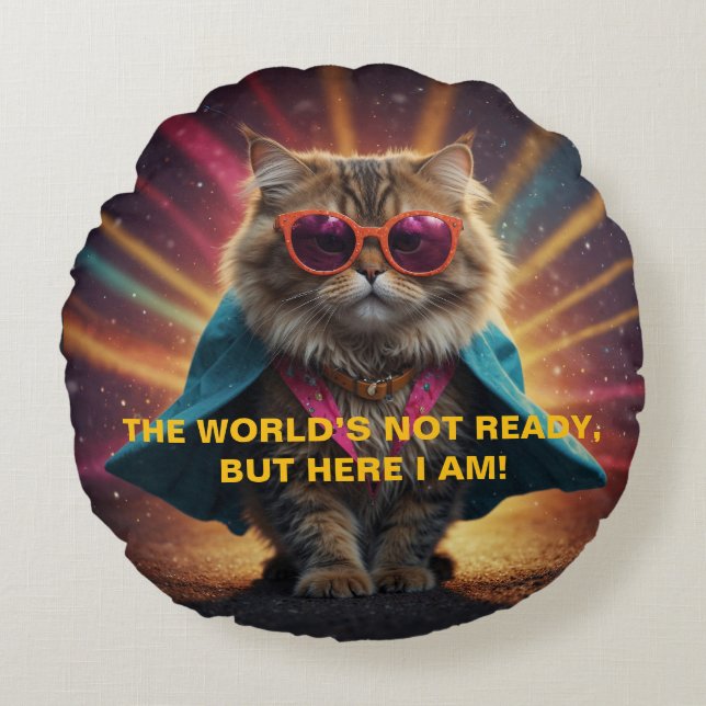 The World’s Not Ready – Confident Cat Humour Desig Round Cushion (Front)