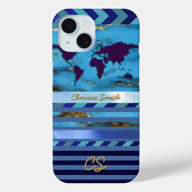 the world, stripes & name on turquoise-blue Case-Mate iPhone case (Back)