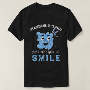 "The World Unfolds Its Beauty" Blue Smiling Leaf T-Shirt