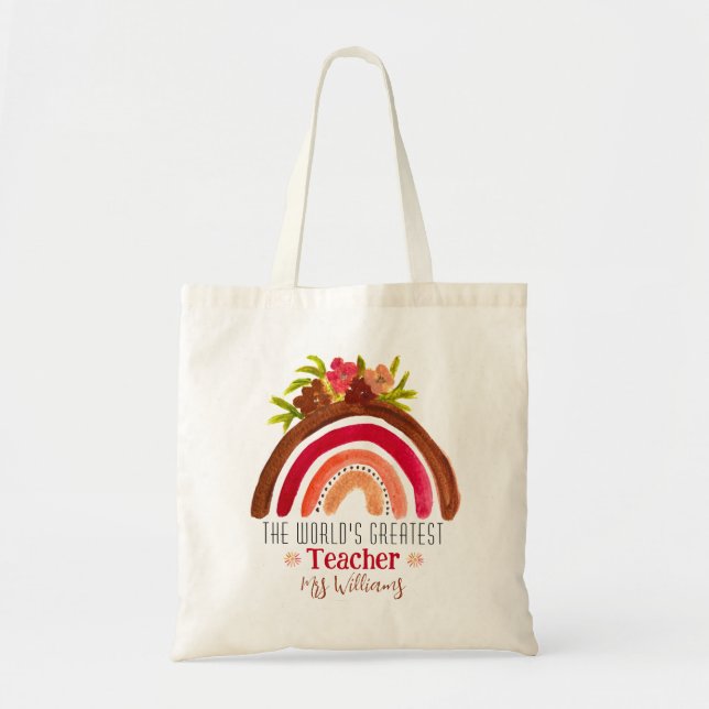 The World's Greatest Teacher Appreciation Rainbow Tote Bag (Front)