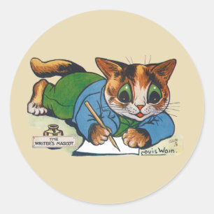 The Writer's Mascot Cat, Louis Wain Classic Round Sticker