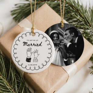 The Year We Got Married Whimsical Doodle Photo Ceramic Tree Decoration