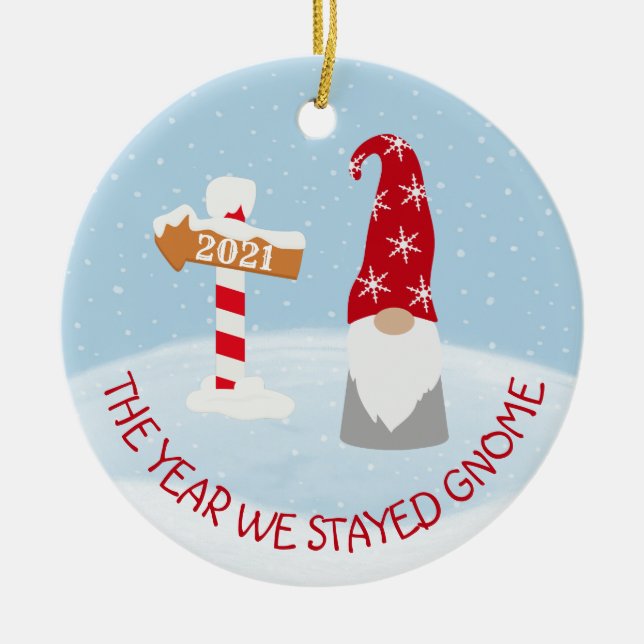 The Year we Stayed Home 2021 Gnome Christmas Ceramic Tree Decoration (Front)