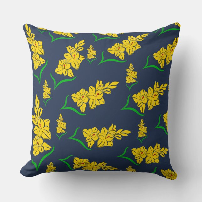 The Yellow Blossoms on Midnight Blue Throw Pillow (Front)