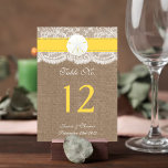 The Yellow Sand Dollar Beach Wedding Collection Table Number<br><div class="desc">The yellow sand dollar beach wedding collection is a stunning design featuring a lovely rustic burlap effect background with a romantic vintage white lace effect trim finished with a stunning sand dollar and yellow ribbon. These table number cards can be personalised for your special occasion and would make the perfect...</div>