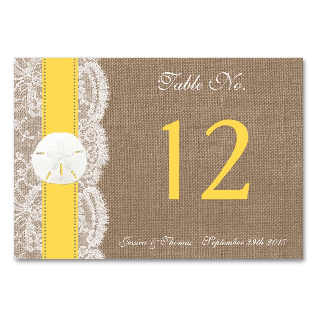 The Yellow Sand Dollar Beach Wedding Collection Table Number (Front)
