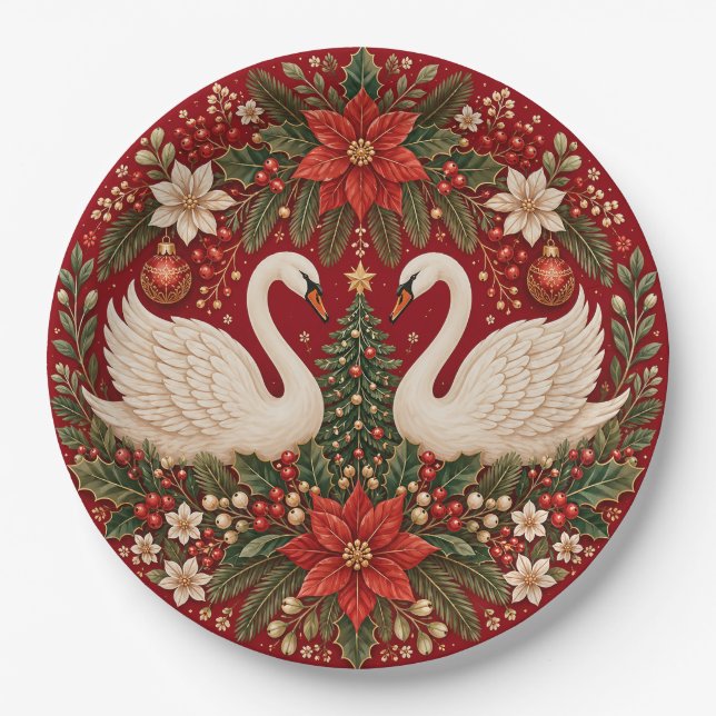 The Yuletide Swans' Embrace Paper Plate (Front)