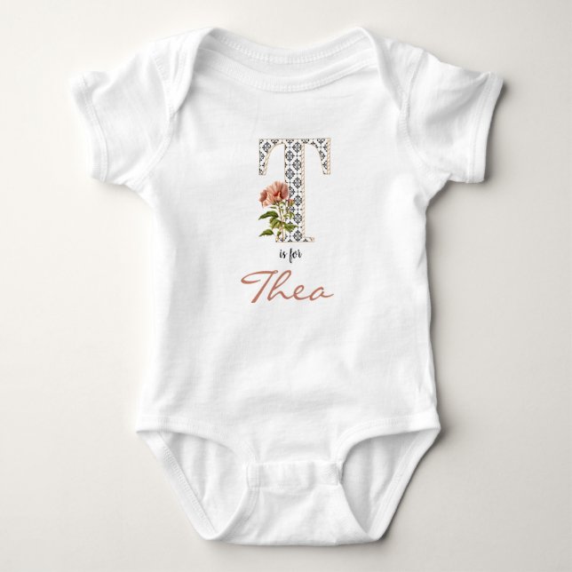  Thea name Reveal Floral Letter T Pink Flower Girl Baby Bodysuit (Front)