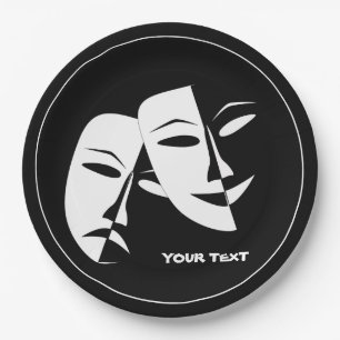 Theatre Mask Comedy Tragedy Black White Custom Paper Plate
