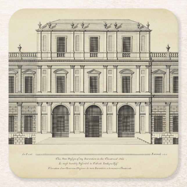 Theatrical Style Façade by Colen Campbell Square Paper Coaster (Front)