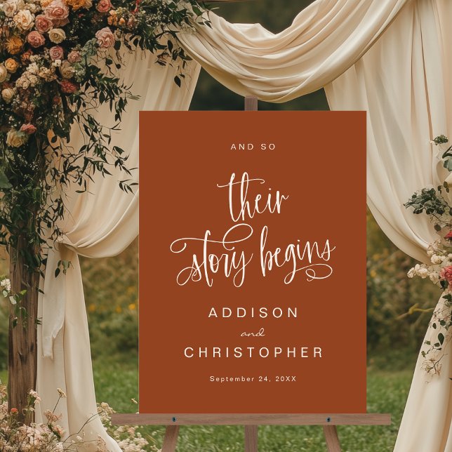 Their Story Begins Terracotta Wedding Welcome Acrylic Sign (Shown on an 18" x 24" acrylic sign)