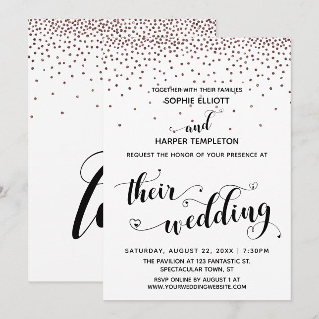 Their Wedding Hearts Script Rose Gold Confetti Invitation (Front/Back)