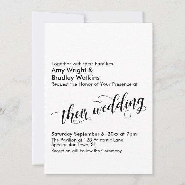 Their Wedding Typography, Elegant Script on White Invitation (Front)