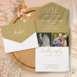 Then And Now 2 Photo 50th Wedding Anniversary Gold All In One Invitation<br><div class="desc">All in one 50th golden wedding anniversary invitation featuring 2 special photos and stylish typography on a gold background. The invitation includes a perforated RSVP card that can be individually addressed or left blank for you to handwrite your guest's address details and chic monogram initials within a floral garland on...</div>