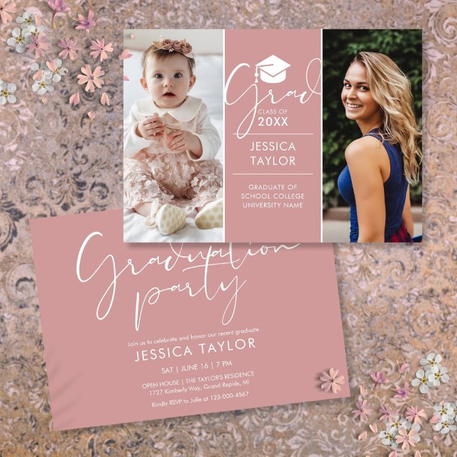 Then And Now 2 Photo Pink Graduation Party Invitation (Then And Now 2 Photo Pink Graduation Party Invitation)