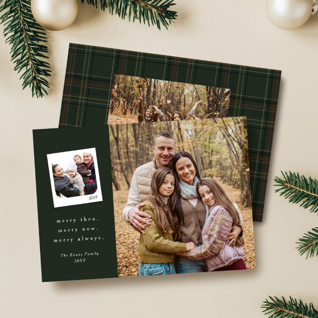 Then and now photos green plaid Merry Christmas Holiday Card (Creator Uploaded)