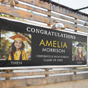 Then & Now Black Gold Photo Graduate Graduation Banner