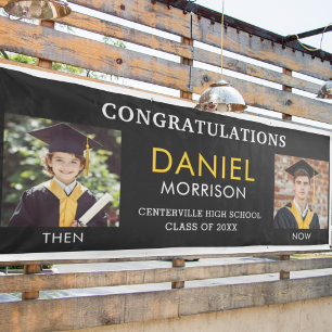 Then & Now Black Gold Photo Graduate Graduation Banner