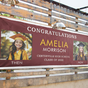 Then & Now Burgundy Gold Photo Graduation Banner