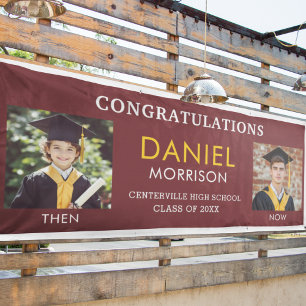 Then & Now Burgundy Gold Photo Graduation Banner