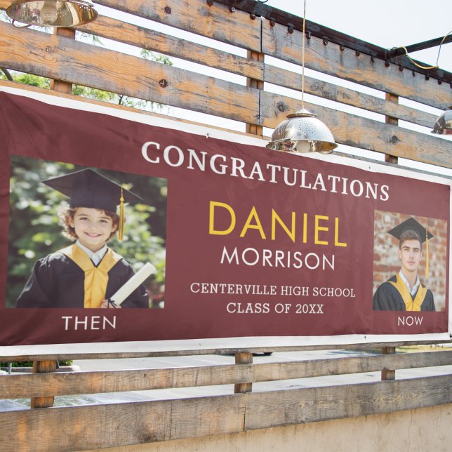 Then & Now Burgundy Gold Photo Graduation Banner (Creator Uploaded)