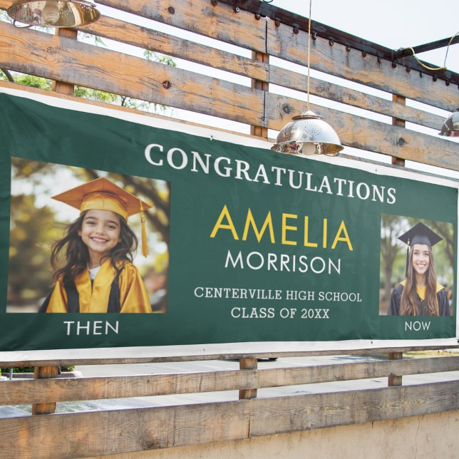 Then & Now Emerald Green Gold Photo Graduation Banner (Creator Uploaded)