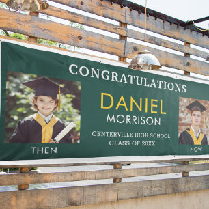 Then & Now Emerald Green Gold Photo Graduation Banner
