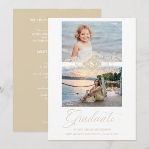 Then & Now Gold Lace Flourish Graduation Photo Invitation