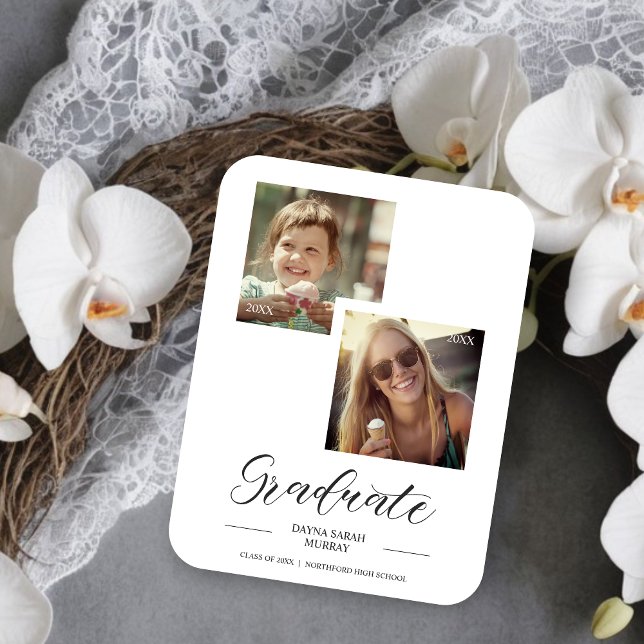 Then & Now Graduation Two Custom Photos Script Magnet (Then & Now Graduation Two Custom Photos Script Magnet.)