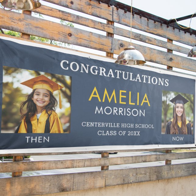 Then & Now Navy Blue Gold Photo Graduation Banner (Creator Uploaded)