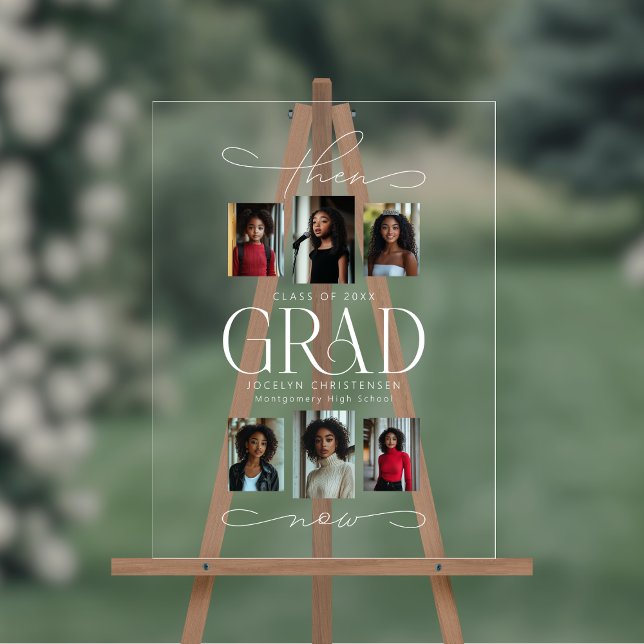 Then & Now Photo Collage Grad Graduate Welcome Acrylic Sign (Shown on an 18" x 24" clear acrylic sign)