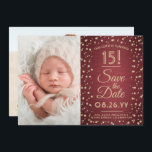 Then & Now Photos Quinceañera Burgundy and Gold Save The Date<br><div class="desc">Look who's turning 15! Share then and now photos of the quinceañera with unique 2 photo save the date invitations. The pictures and all wording on this template are simple to personalize. The colors, font styles and overlay opacity can be easily customized with the Zazzle Design Editor tool. The modern...</div>