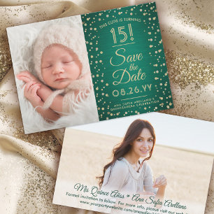 Then & Now Photos Quinceañera Green & Gold Glitter Save The Date