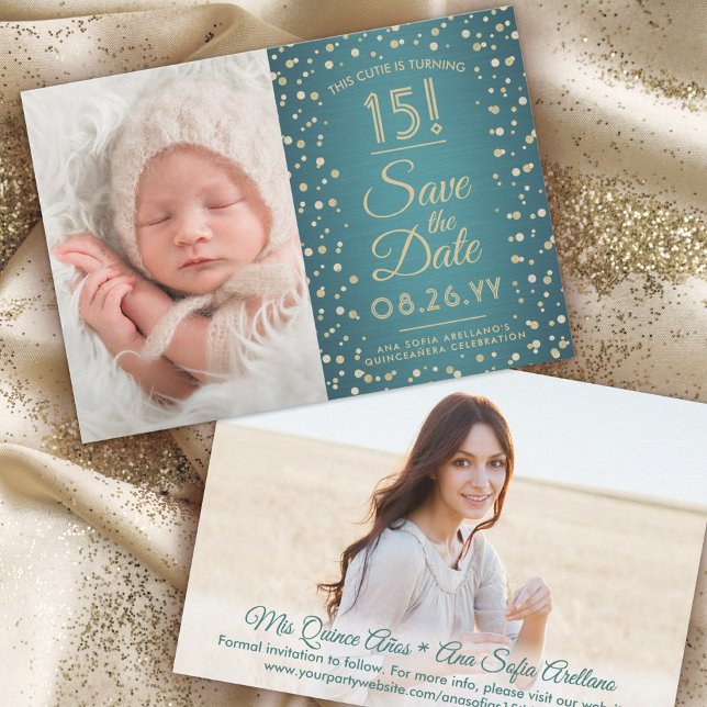 Then & Now Photos Quinceañera Teal & Gold Glitter Save The Date (Creator Uploaded)