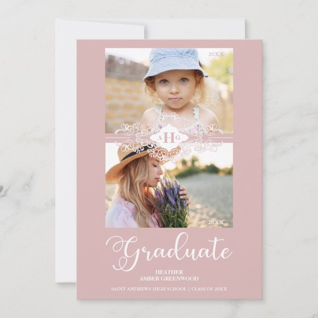 Then & Now Pink Lace Flourish Graduate Photo Invitation (Front)