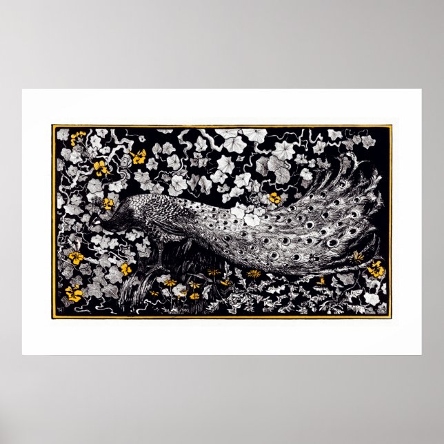 Theo Van Hoytema Retro Peacock Clip Art Black and  Poster (Front)