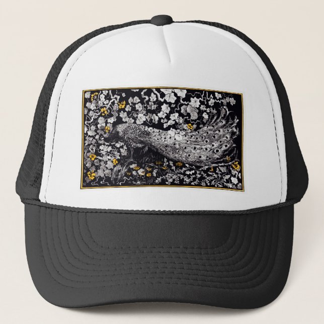 Theo Van Hoytema Retro Peacock Clip Art Black and Trucker Hat (Front)
