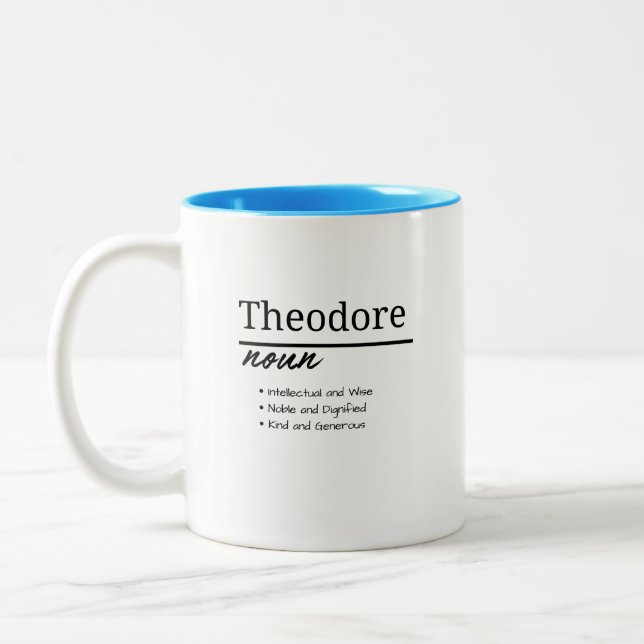 Theodore, Boy Personalised Name Definition Two-Tone Coffee Mug (Left)