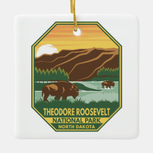 Theodore Roosevelt National Park Bison Retro Ceramic Ornament