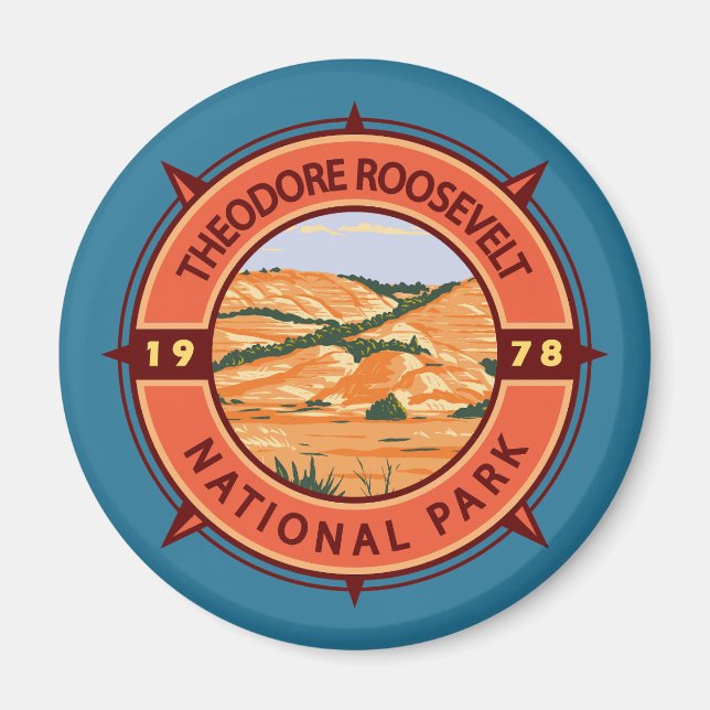 Theodore Roosevelt National Park Retro Compass Magnet (Front)