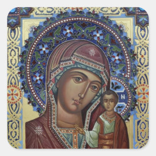 Theotokos and Christ Child with Ornate Frame Square Sticker