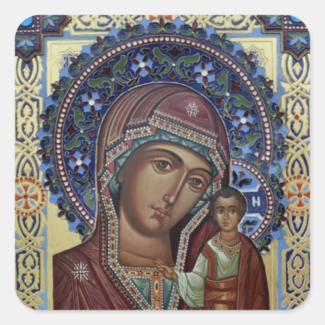Theotokos and Christ Child with Ornate Frame Square Sticker (Front)