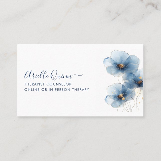 Therapist Counsellor Serene Indigo Watercolor Business Card (Front)