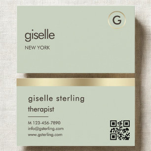 Therapist Counselor Sage Green Gold QR Code Business Card