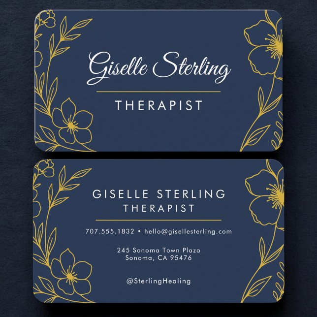 Therapist Floral Navy Blue Gold Professional Business Card (Creator Uploaded)