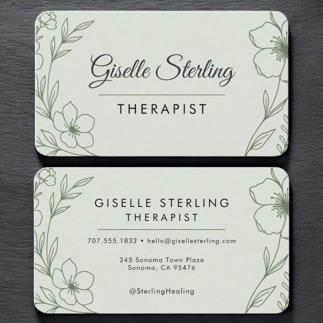 Therapist Floral Sage Green Professional Business Card (Creator Uploaded)