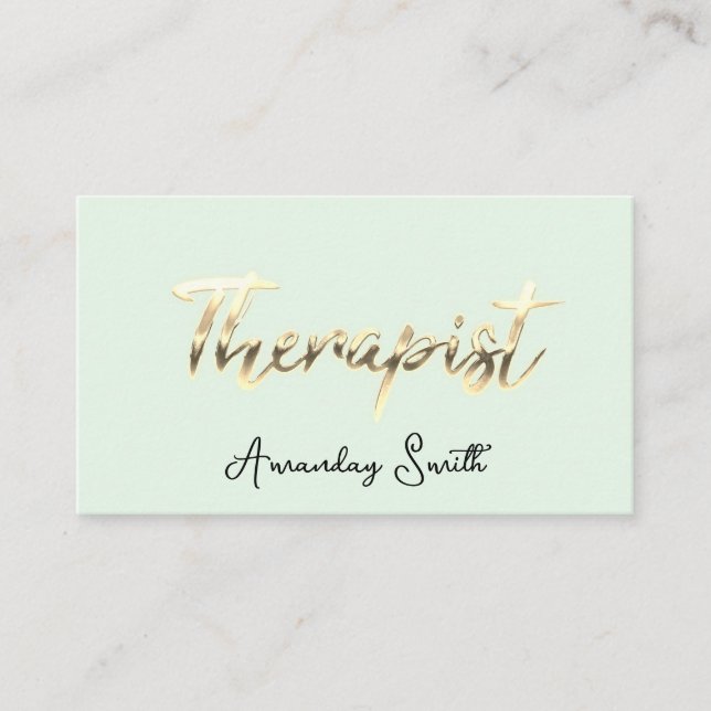 Therapist Golden ScriptQR Code Logo Mint Green Business Card (Front)
